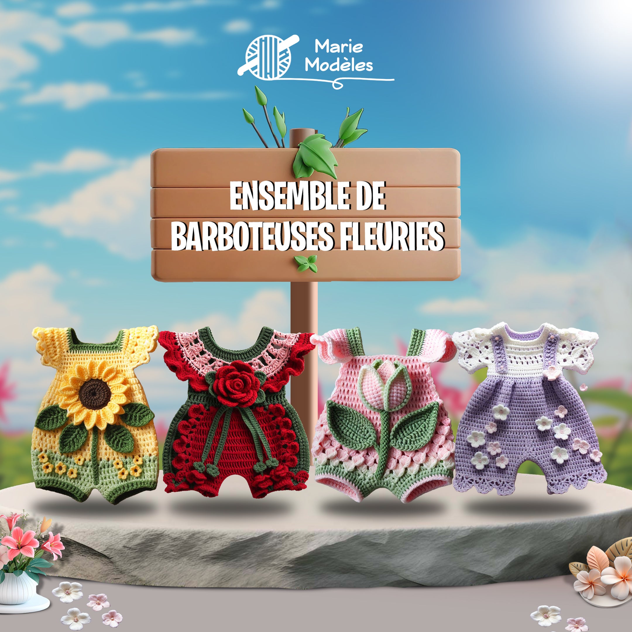 Ensemble de barboteuses fleuries – Modèle de Crochet